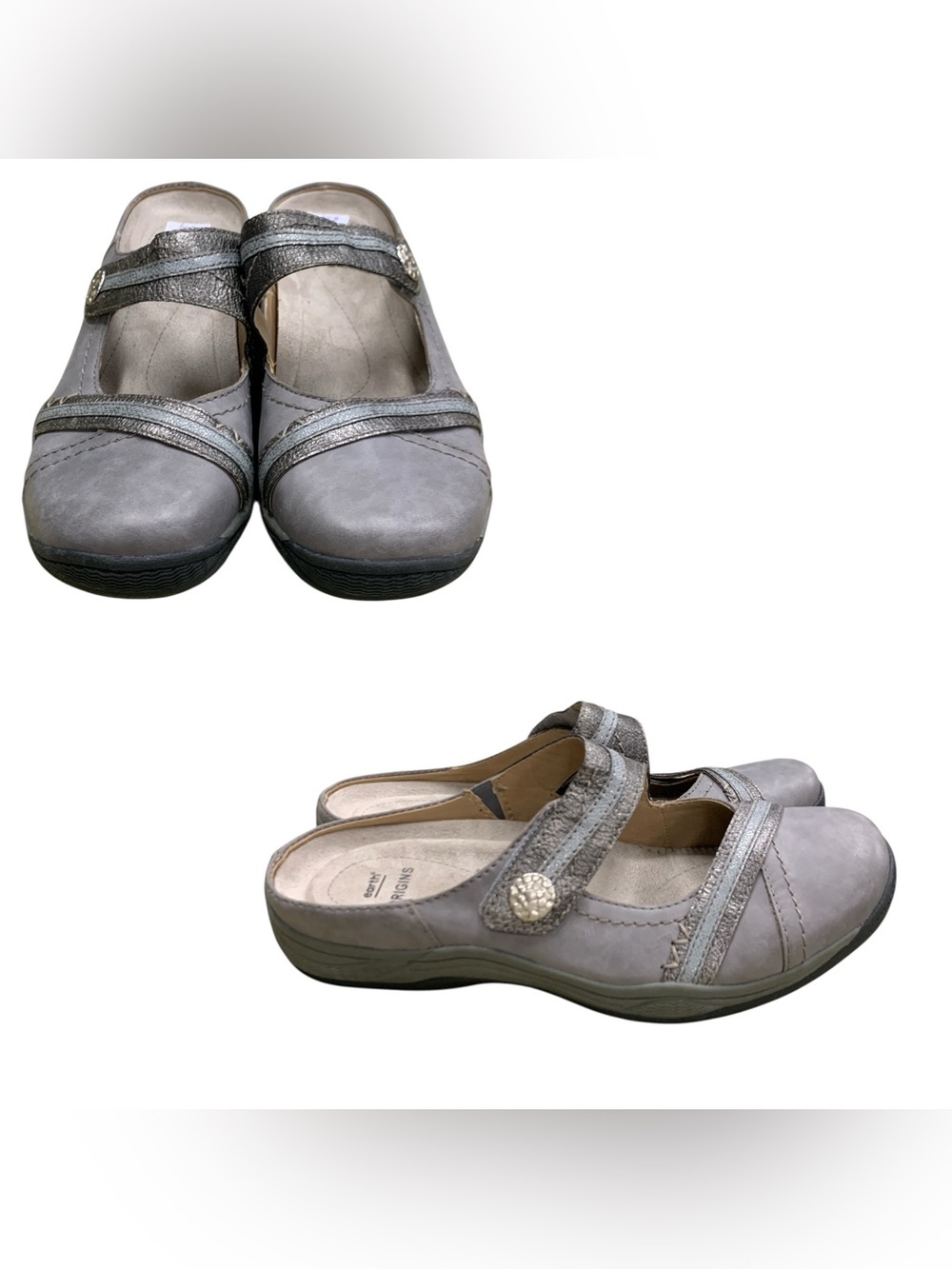 Earth Origins Gray Mary Jane Clog Mules with Metallic Trim S8